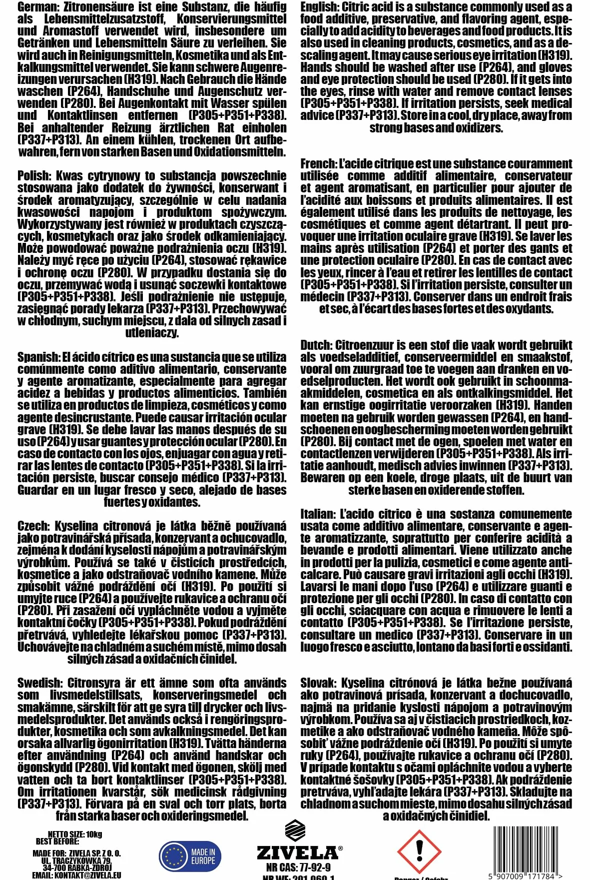 10 kg de ácido cítrico en polvo de calidad alimentaria, remedio casero para cocina y hogar, ácido cítrico 100% puro, ácido cítrico E330 (2 x 5 kg)