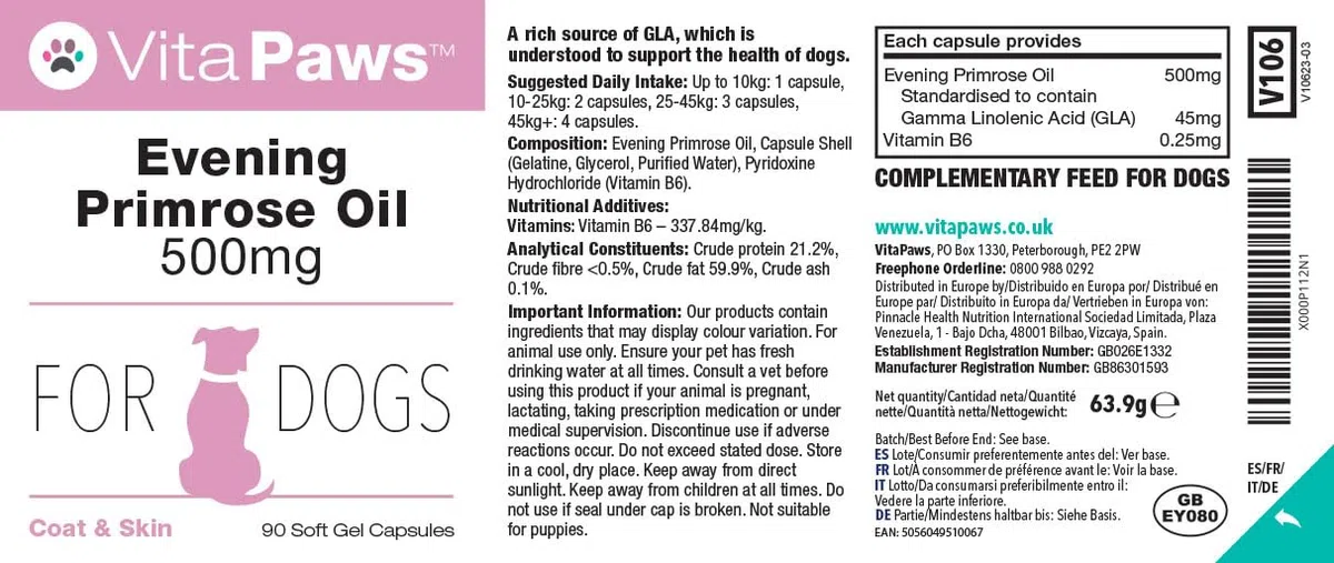 Aceite de Onagra 500mg para Perros - 90 Perlas - VitaPaws