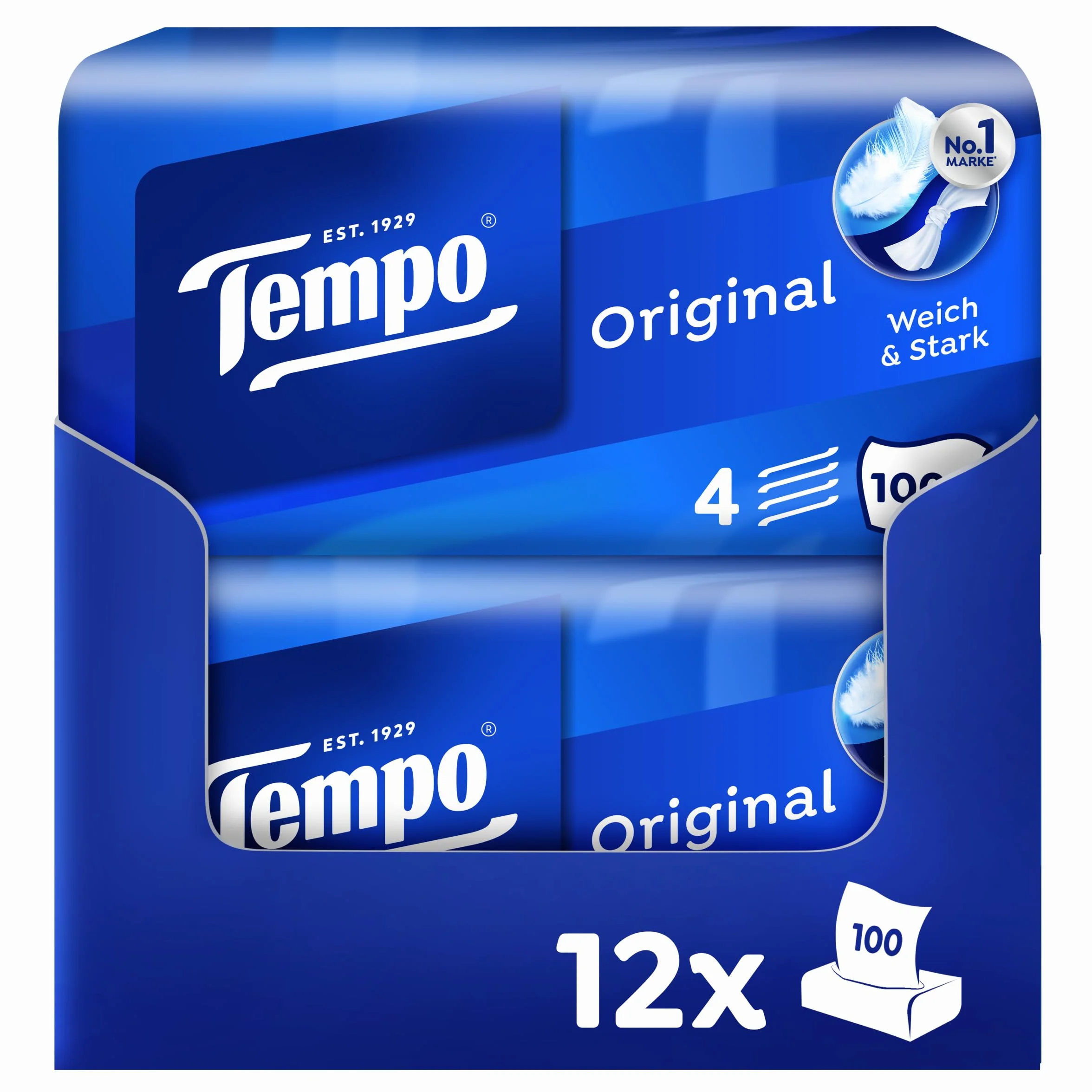 Tempo Original caja de pañuelos – Paquete ahorro – 12 cajas, 100 toallitas por caja – Pañuelos de papel extra fuertes y suaves, lavables a máquina