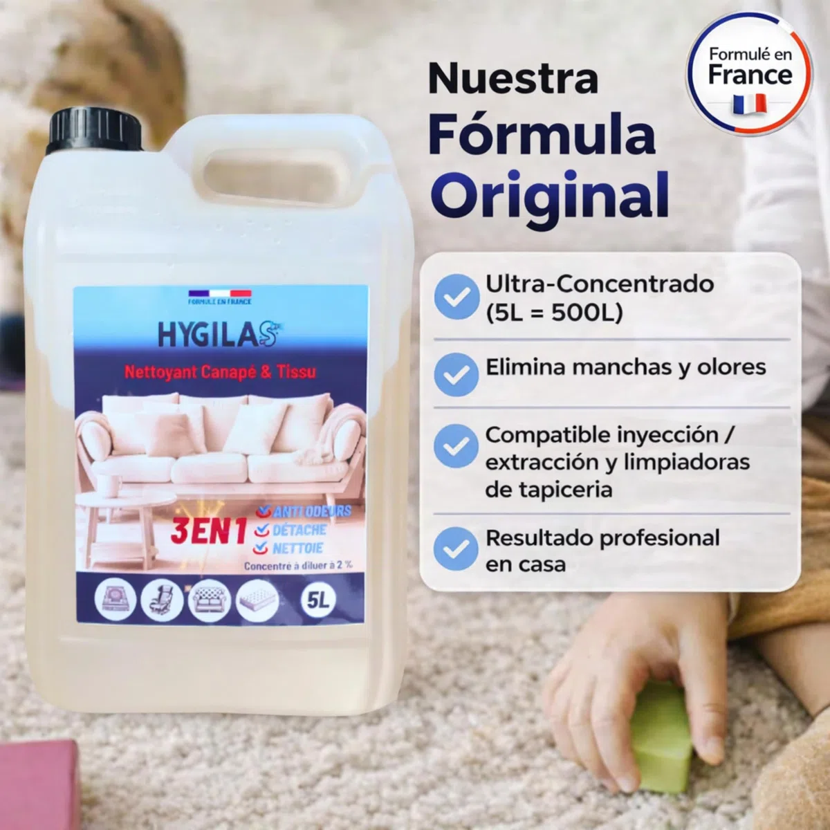 HYGILAS Limpiador Tapicerías Sofá 5L Profesional | Ultra Concentrado (500L) | Elimina Manchas y Olores | Compatible Inyector Extractor, Alfombras y Asientos Coche