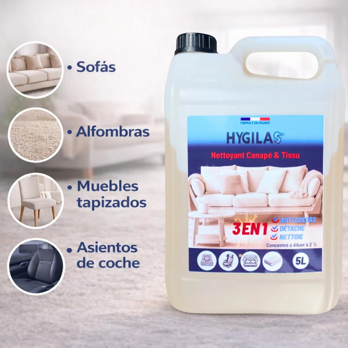 HYGILAS Limpiador Tapicerías Sofá 5L Profesional | Ultra Concentrado (500L) | Elimina Manchas y Olores | Compatible Inyector Extractor, Alfombras y Asientos Coche