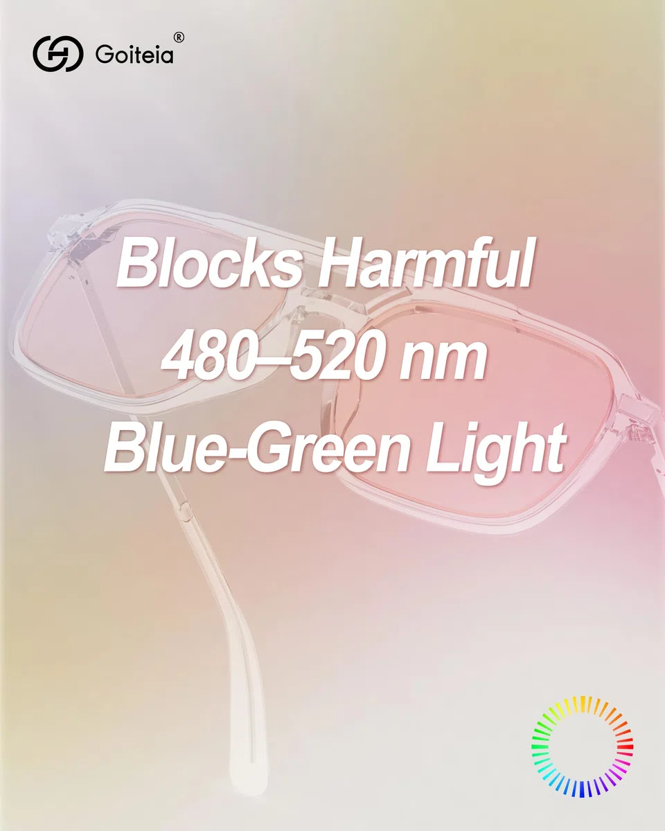 Goiteia FL-Rose - Gafas fotocromáticas antimigraña, protección contra la sensibilidad a la luz, deslumbramiento fluorescente y LED, fotofobia, pantalla de computadora,Bisagras de resorte