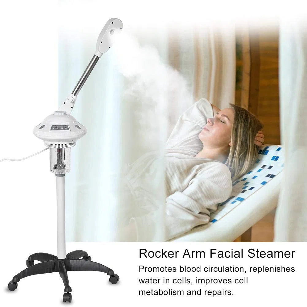Vaporizador Facial Profesional, Vaporizador Facial Ozono Aromaterapia con Brazo Mecedora Ajustable, Rociador Vaporcon Rueda para Salón Sauna Estética Peluquería Spa 750W