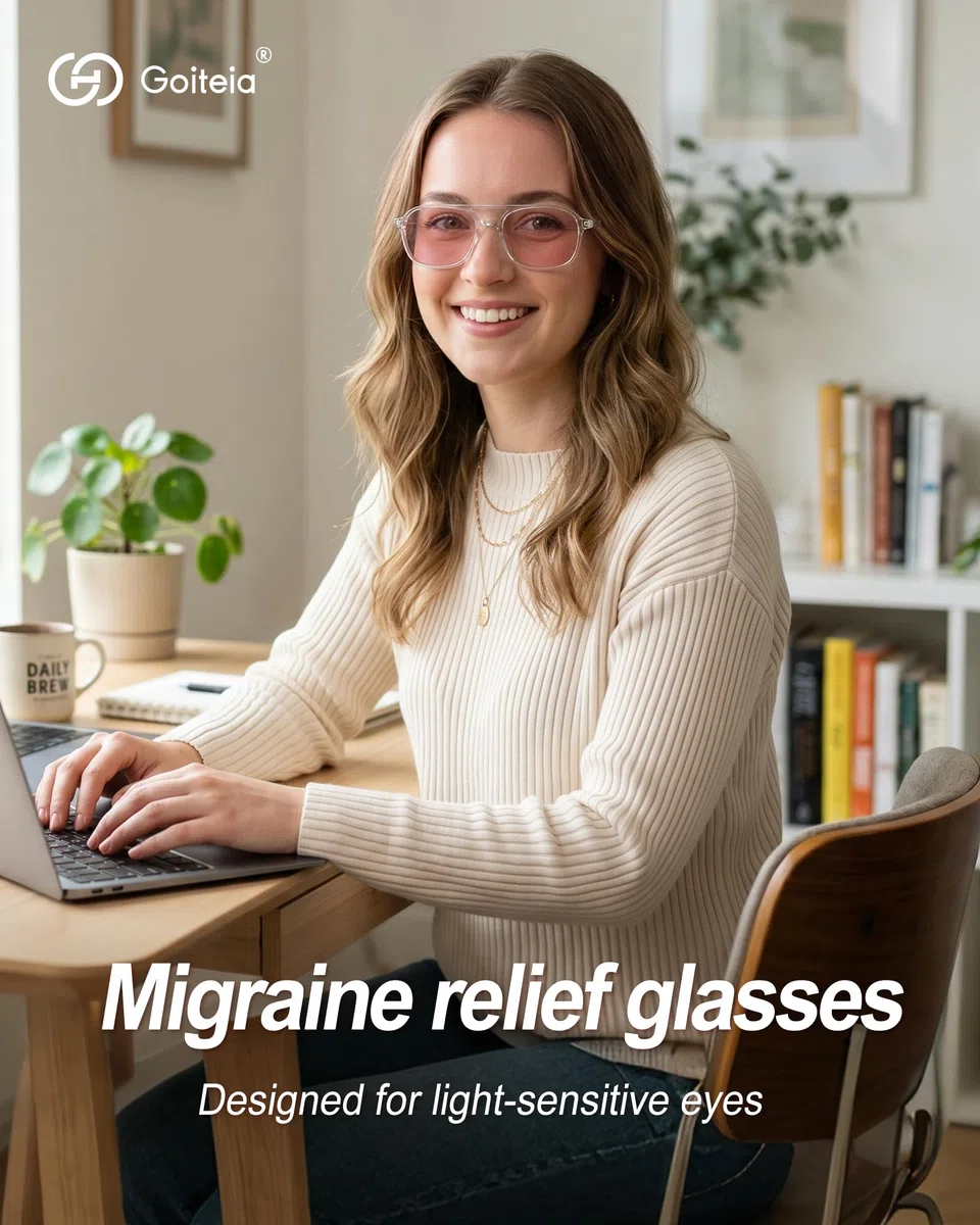 Goiteia FL-Rose - Gafas fotocromáticas antimigraña, protección contra la sensibilidad a la luz, deslumbramiento fluorescente y LED, fotofobia, pantalla de computadora,Bisagras de resorte