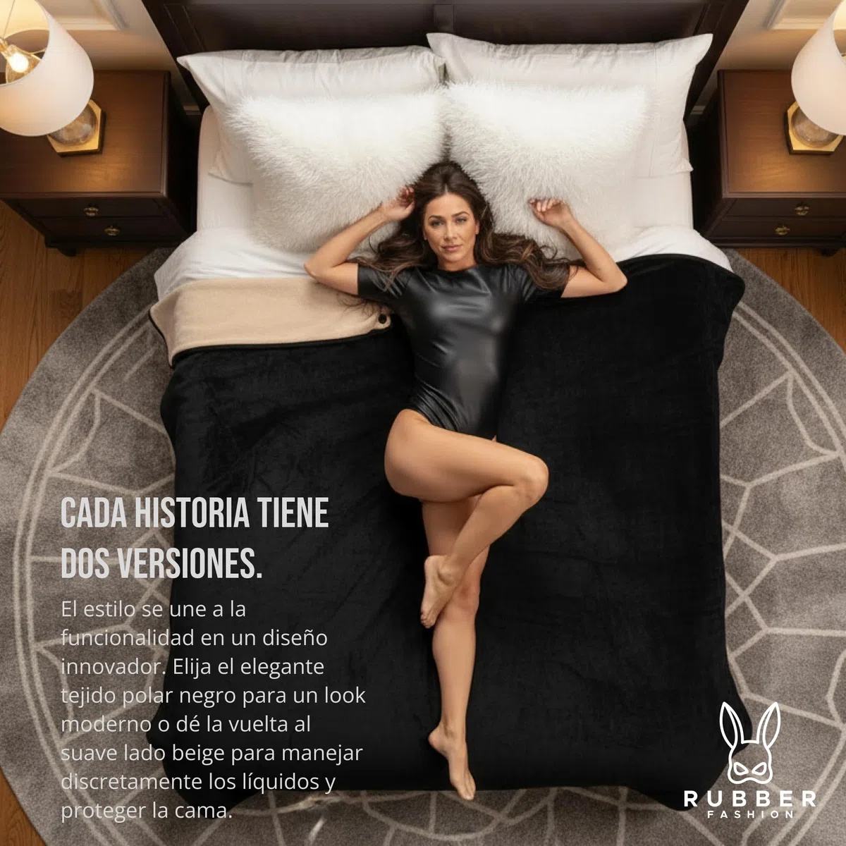 Rubberfashion Manta sexual impermeable suave – Manta de amor para cama y sofá – Base impermeable 200 x 152 cm para momentos románticos y vida cotidiana, color negro y beige