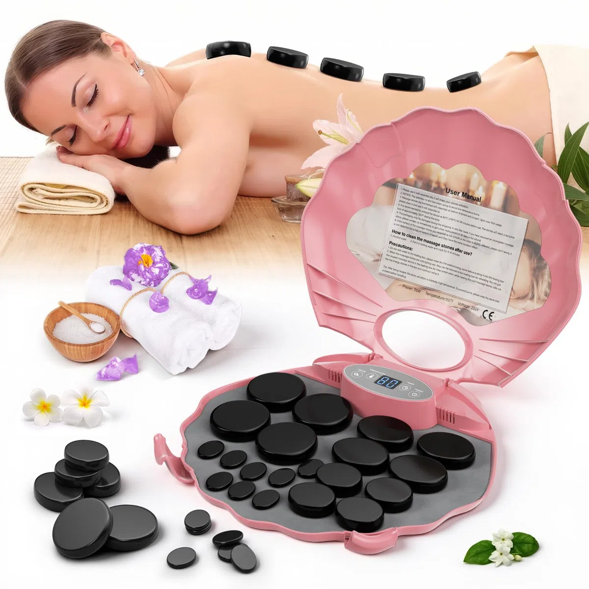 Set de Masaje con Piedras Calientes, 20 Piedras de Masaje de Basalto en Maletín Calefactor Portátil, Piedras de Lava para Masaje, Adecuadas para Uso Privado y Spa