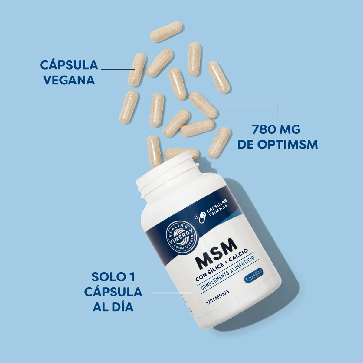 Vimergy MSM 780 mg – 120 Cápsulas – MSM Cápsulas con Calcio y Sílice - Cápsula Vegana sin Gelificantes – Sin OMG, Gluten ni Gelatina - Kosher