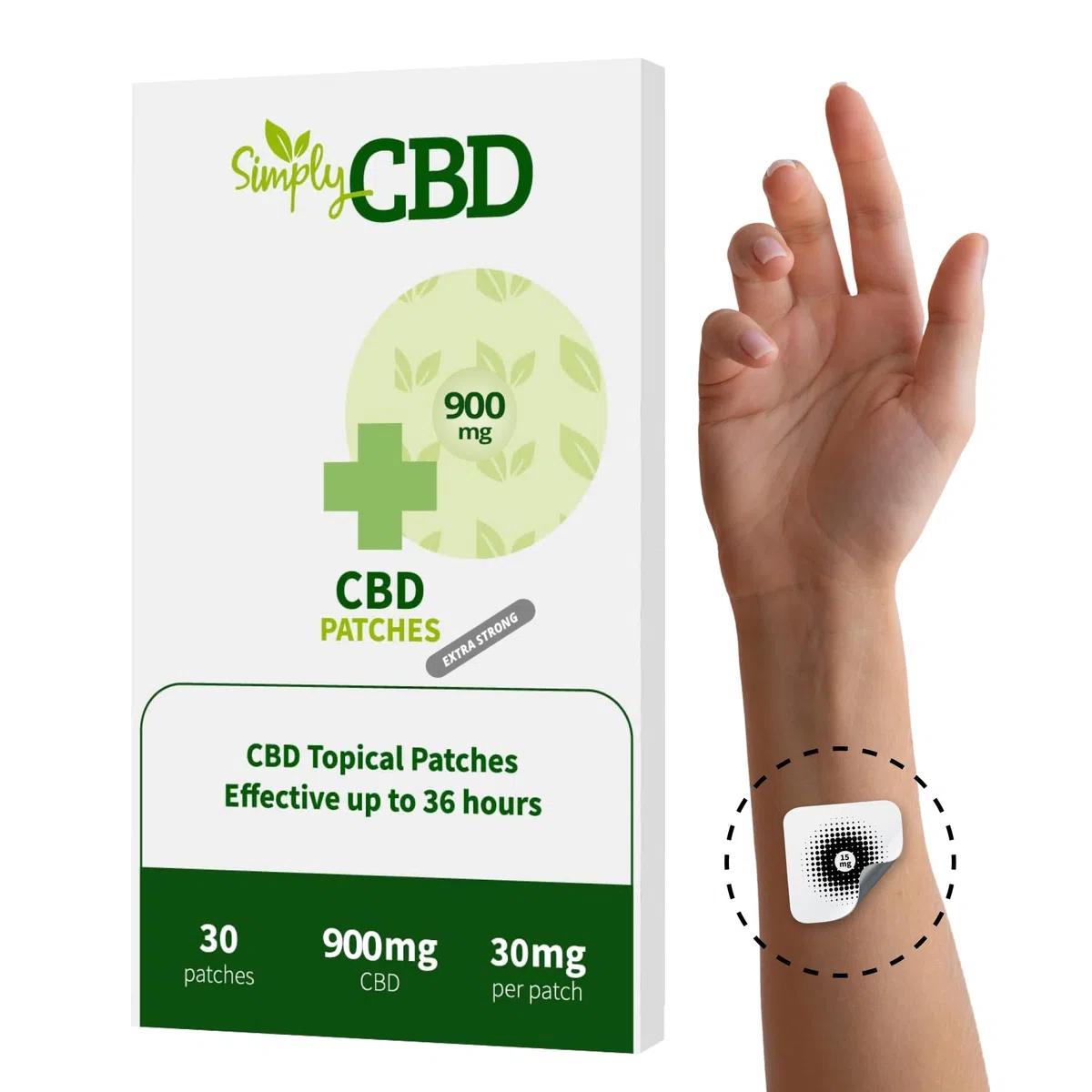 Simply CBD Parches tópicos, 30 parches, 30 mg por parche, blancos