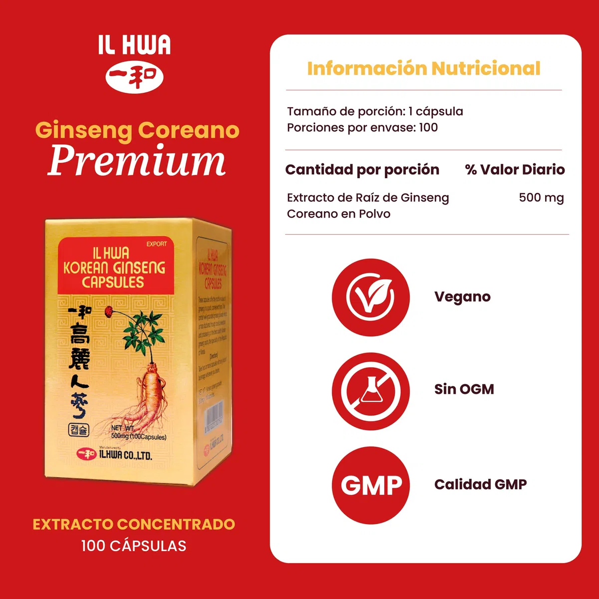 Ginseng Coreano Puro, Calidad Ilhwa, 500 mg, 100 cápsulas | Panax Ginseng 100% Sin aditivos | Energía Física y Mental | Raíces Maduras de Cultivo Propio y Extracción Exclusiva | de TONGIL