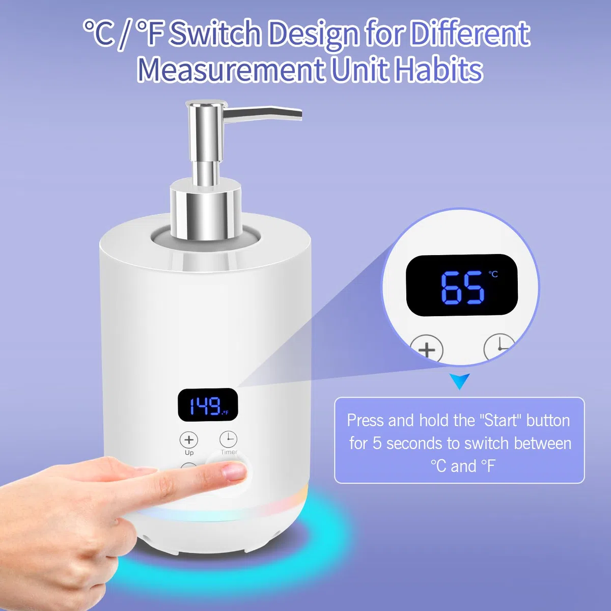 Calentador de aceite para masajes, iklestar calentador digital para botellas de aceite para masajes con luz ambiental, dispensador eléctrico portátil para lociones corporales calientes, blanco