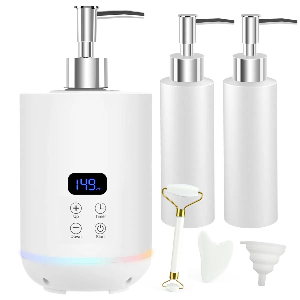 Calentador de aceite para masajes, iklestar calentador digital para botellas de aceite para masajes con luz ambiental, dispensador eléctrico portátil para lociones corporales calientes, blanco