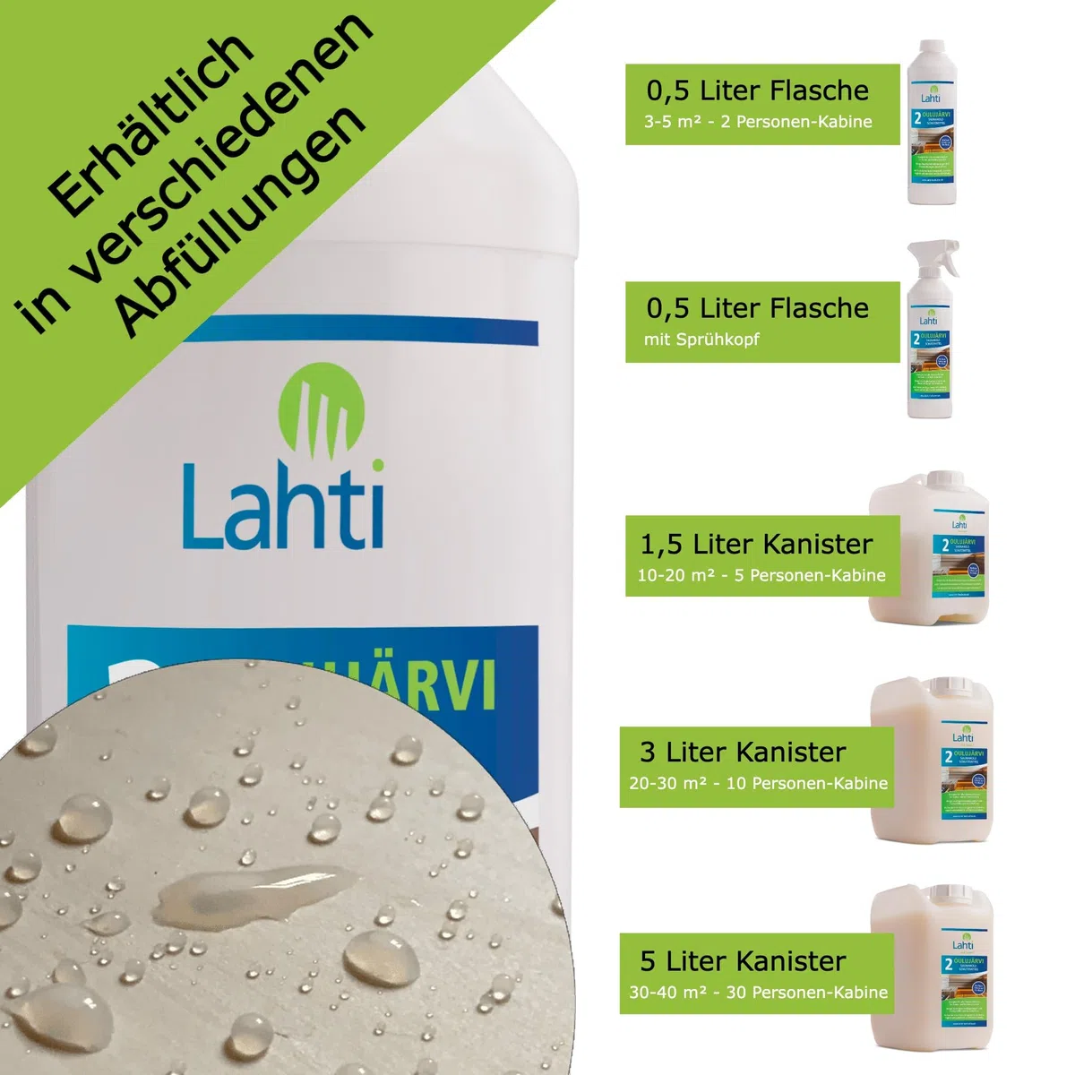 Lahti 2 OULUJÄRVI - Protección única para madera de sauna - Adecuado para todas las maderas - Evita manchas de agua y sudor - Protege contra la suciedad (0,5 litros con cabezal pulverizador)
