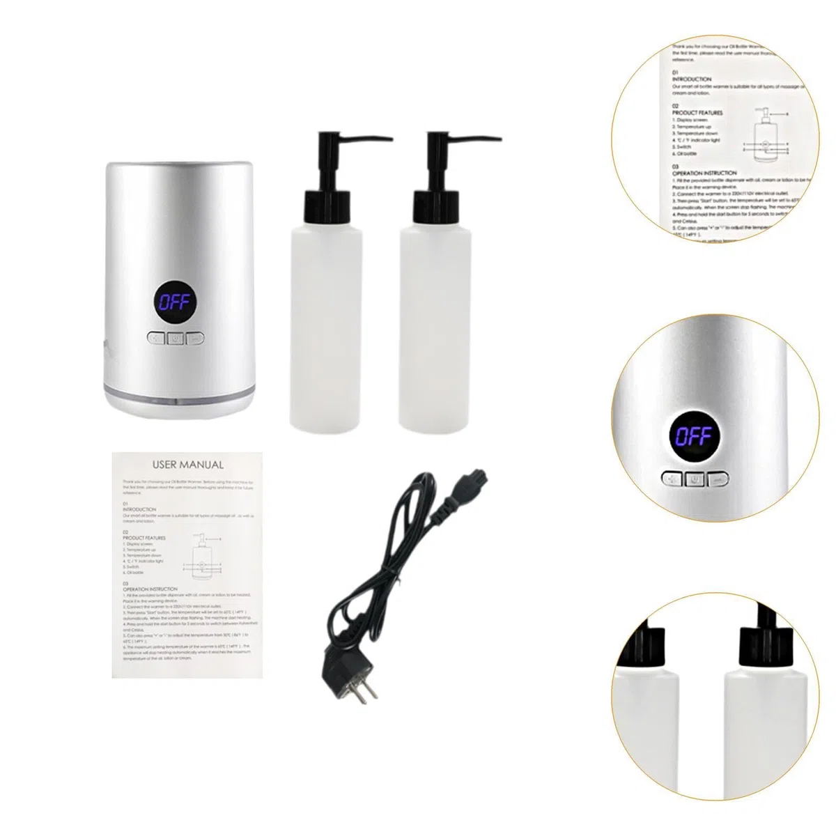 perfk Calentador de aceite de una sola botella, calentador de botellas de aceite, temperatura ajustable, portátil, pequeño para salón, SPA, loción, PLATA