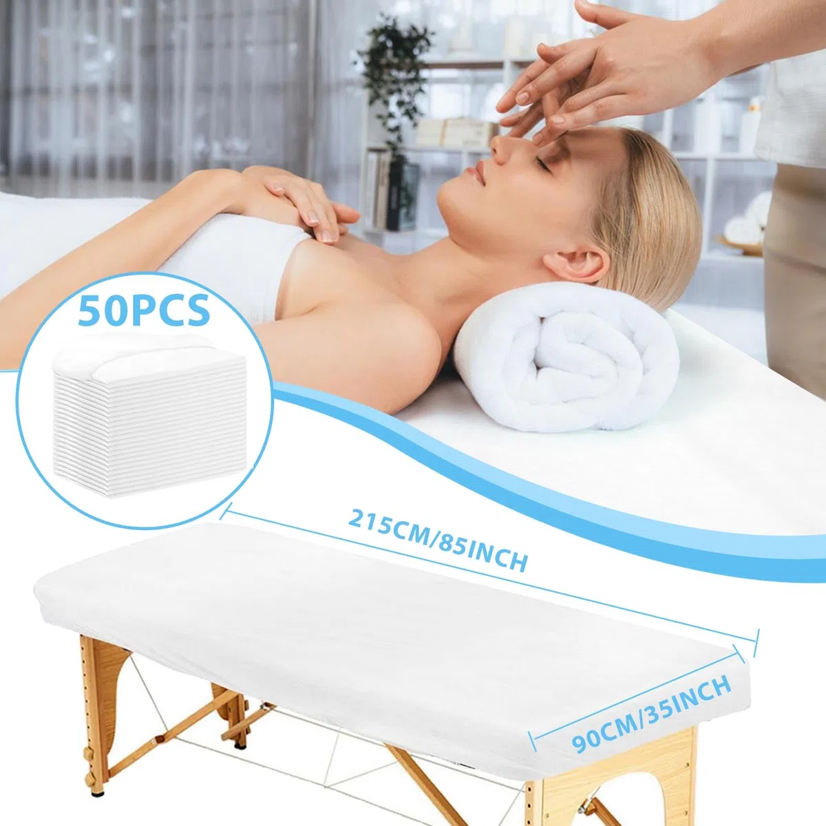 50 sábanas bajeras desechables de 84 x 35 pulgadas para mesa de masaje con elástico, transpirable, desechable, cubierta de mesa de masaje, fundas de cama de spa de tela no tejida, un solo uso para