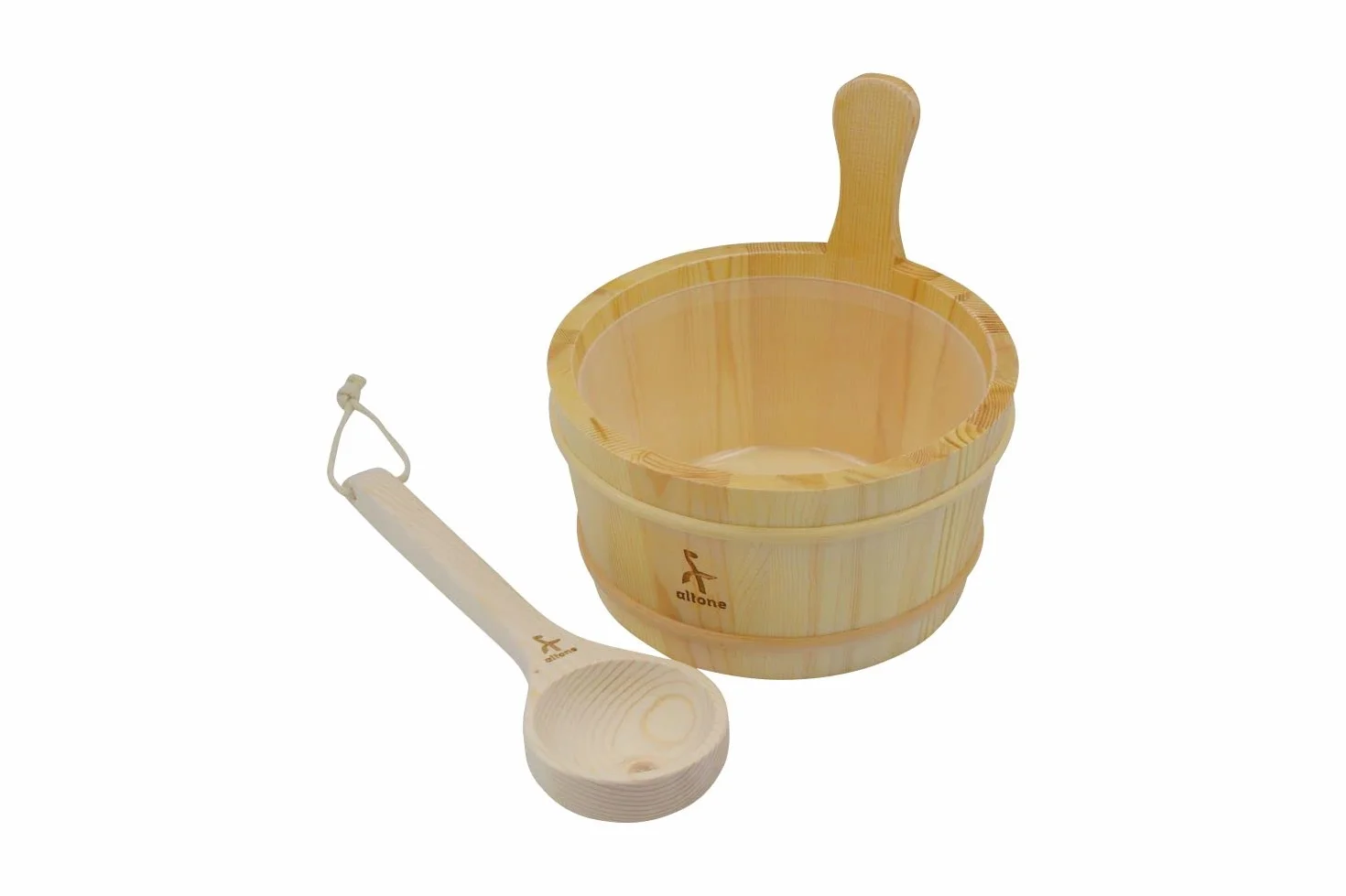 Cubo para sauna con accesorio y cucharón.