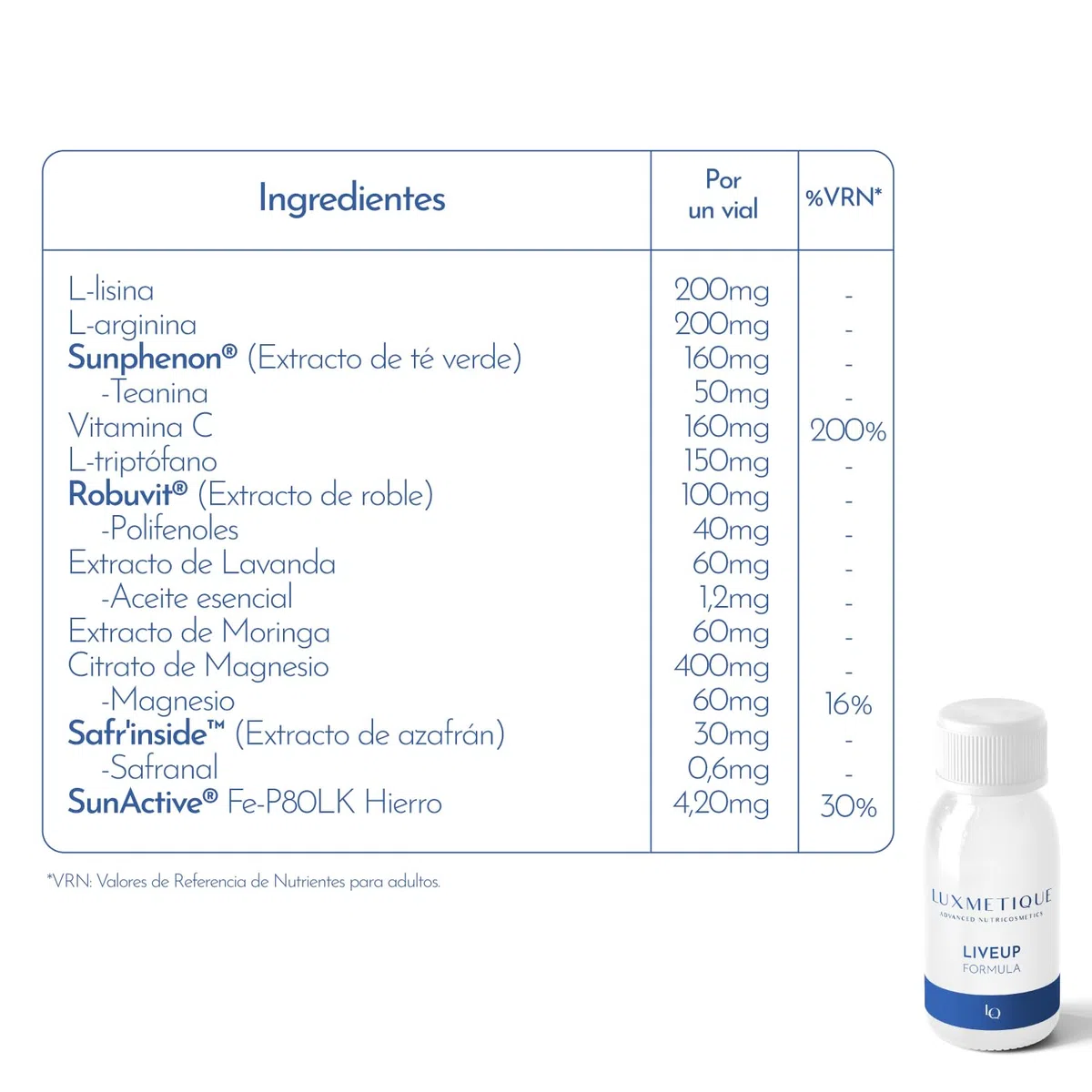 LUXMETIQUE® Liveup Formula - Reduce Estrés y Ansiedad, Mejora el Estado de Ánimo - Con Safr'inside™ (Azafrán), Sunphenon® y Robuvit® - Energía y Rendimiento Físico - 15 Viales Bebibles