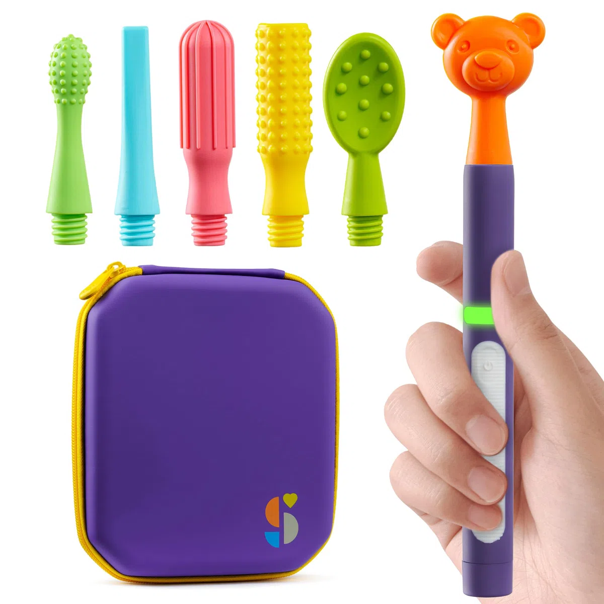 Special Supplies Buzz Buddy Oral Stimulation Kit with 6 Soft Textured Interchangeable Heads, Calm Sensory Needs, Support Speech, and Stimulate Self Feeding, Gentle Vibrations