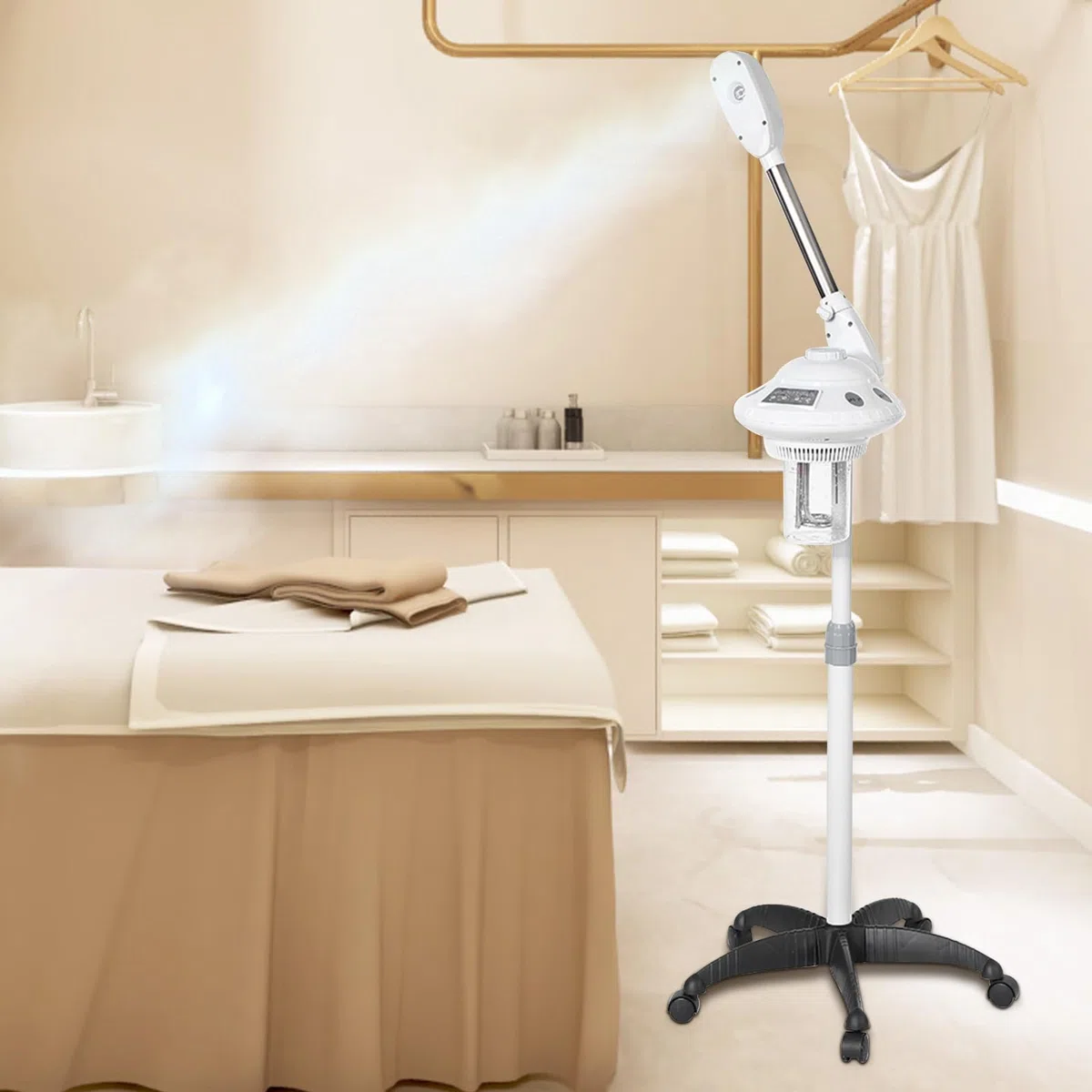 Vaporizador Facial Profesional, Vaporizador Facial Ozono Aromaterapia con Brazo Mecedora Ajustable, Rociador Vaporcon Rueda para Salón Sauna Estética Peluquería Spa 750W