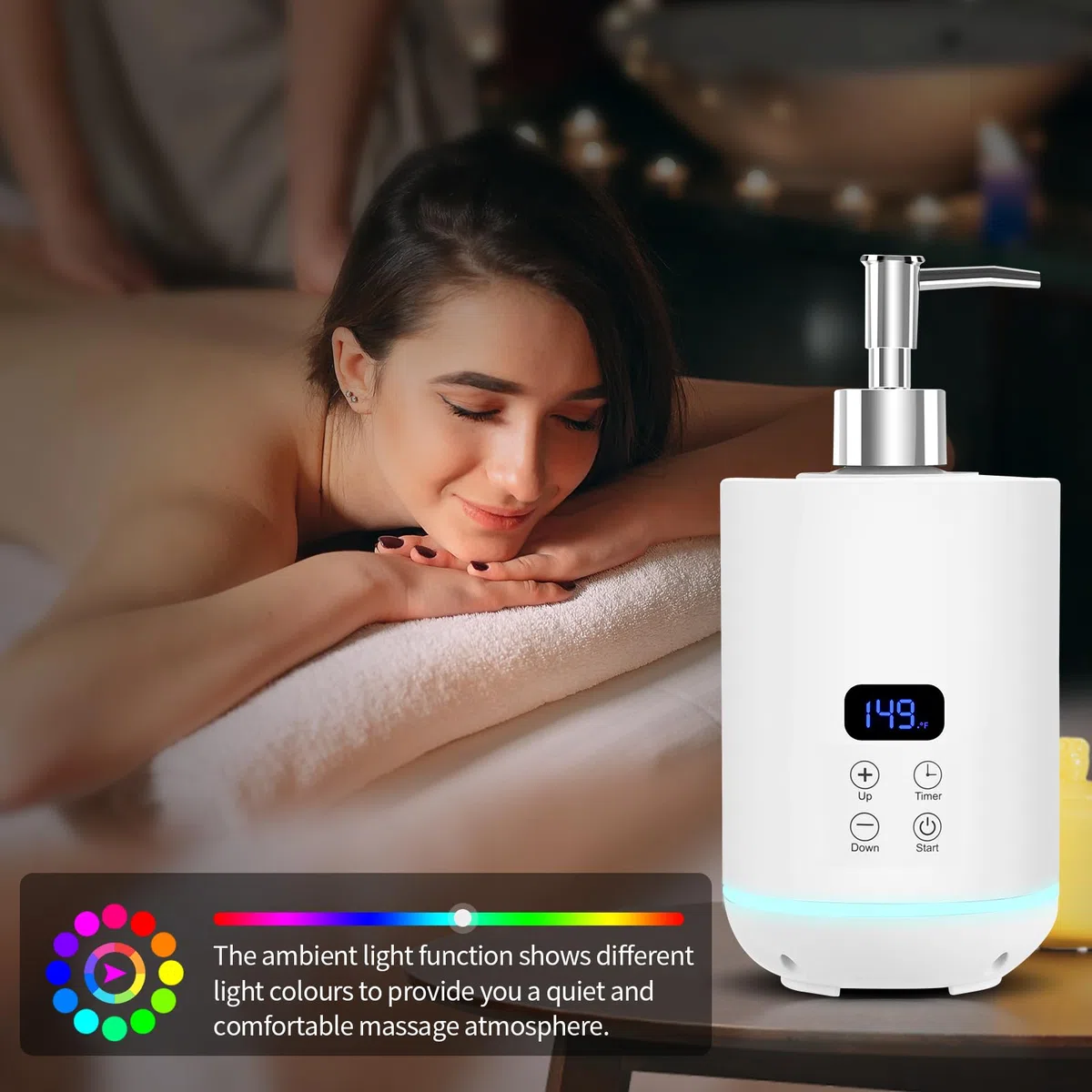 Calentador de aceite para masajes, iklestar calentador digital para botellas de aceite para masajes con luz ambiental, dispensador eléctrico portátil para lociones corporales calientes, blanco