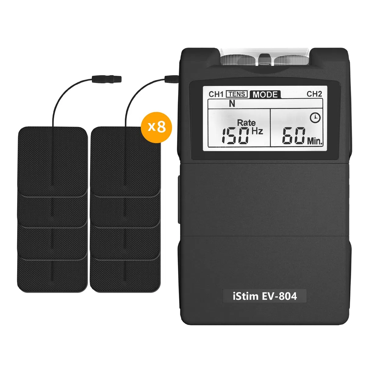 iStim EV-804 TENS/EMS Electroestimulador Muscular– Unidad Digital de 2 Canales con 8 Electrodos Reutilizables, Portátil para Alivio del Dolor, Rehabilitación, Terapia Física y Fortalecimiento Muscular