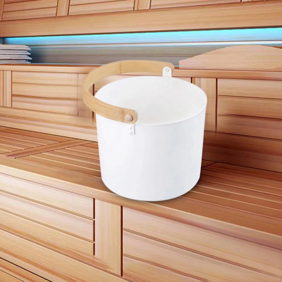 Cubo de sauna finlandés – Cubo de sauna de grado amplio, cucharón a juego y cuchara | Cubo de sauna resistente a la humedad de 7 litros con cuchara larga y cucharón a juego para