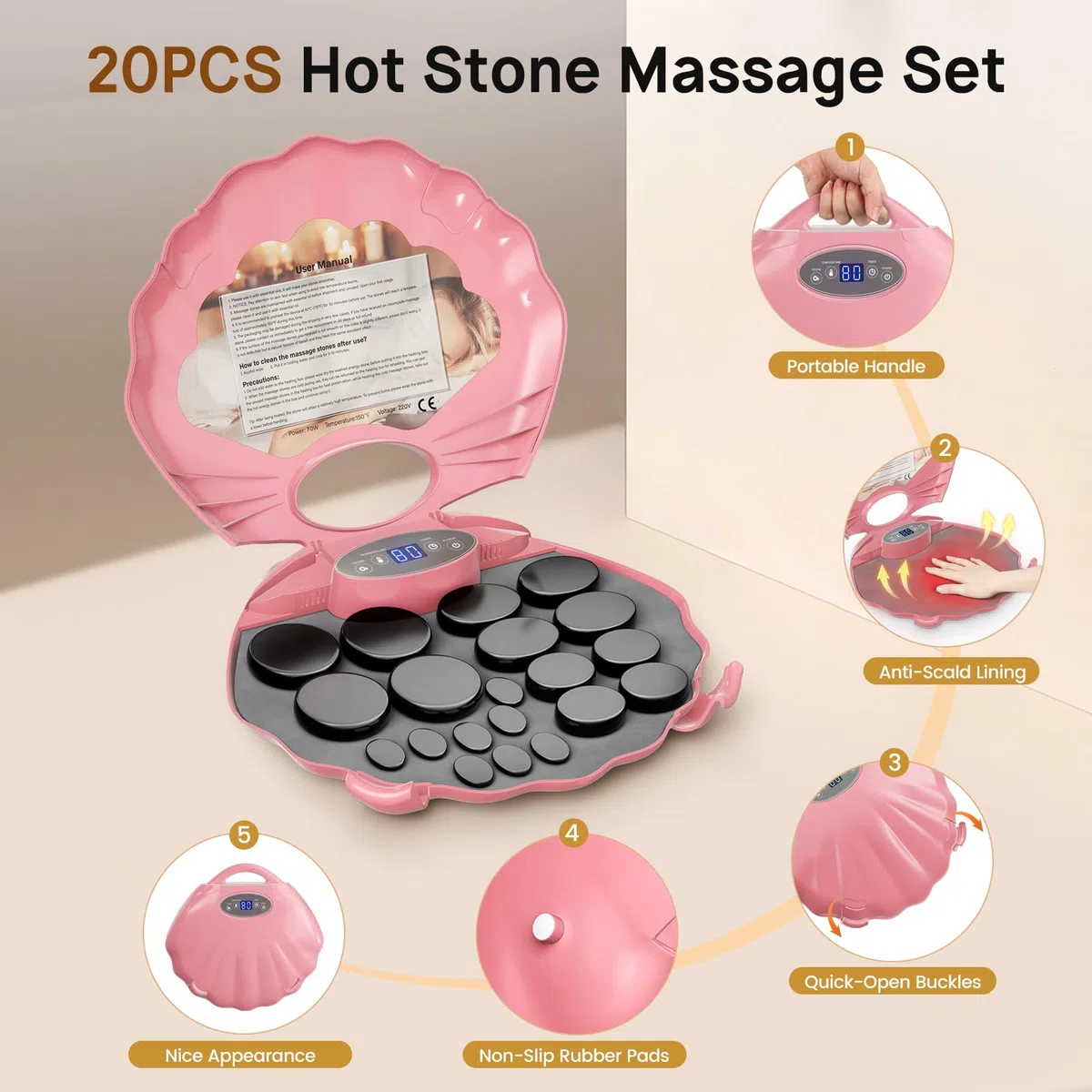 Set de Masaje con Piedras Calientes, 20 Piedras de Masaje de Basalto en Maletín Calefactor Portátil, Piedras de Lava para Masaje, Adecuadas para Uso Privado y Spa
