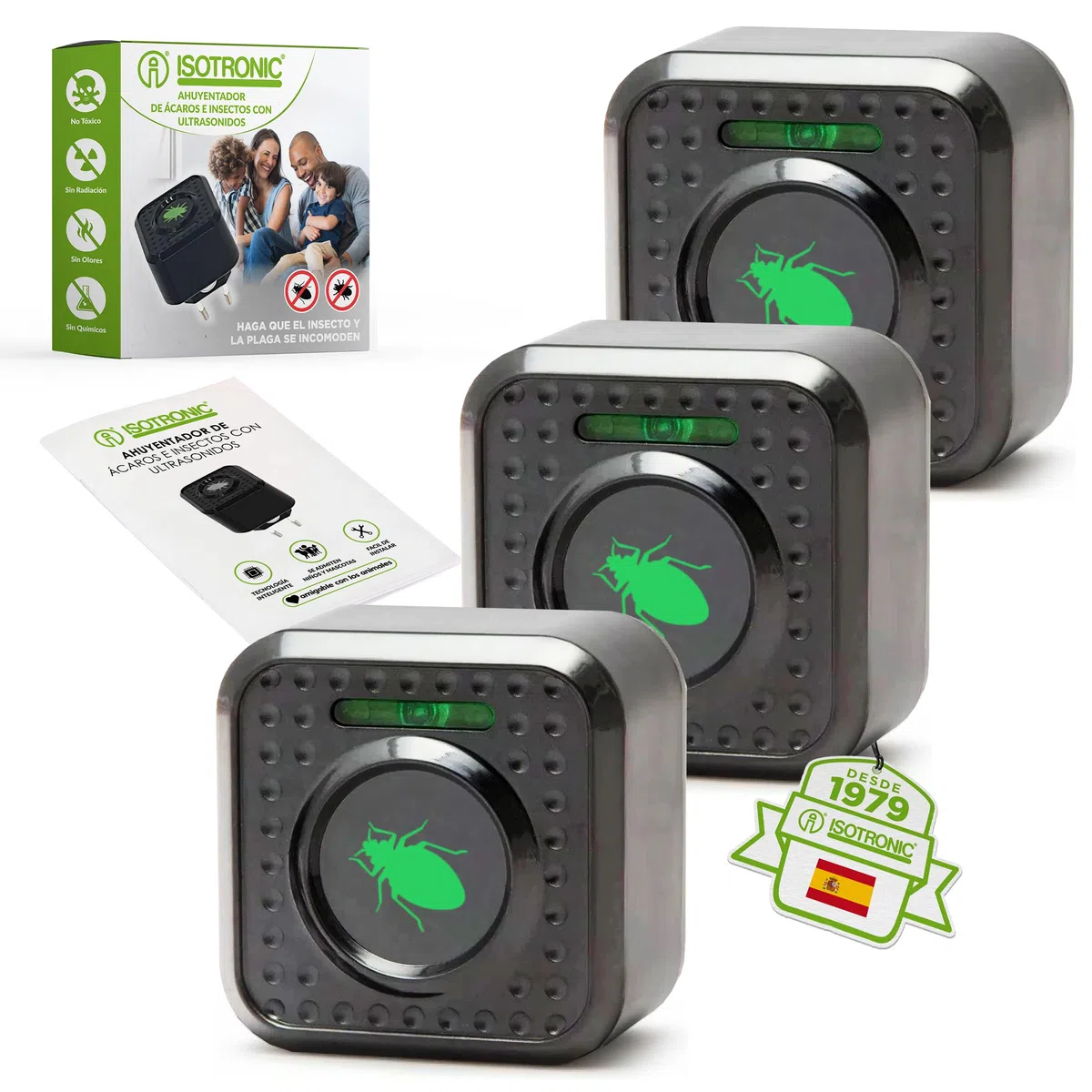 ISOTRONIC Repelente ultrasónico para ácaros y chinches: Dispositivo eléctrico enchufable con un Alcance Efectivo de 30 m². Dispositivo eléctrico enchufable sin Productos químicos (3 Unidades).