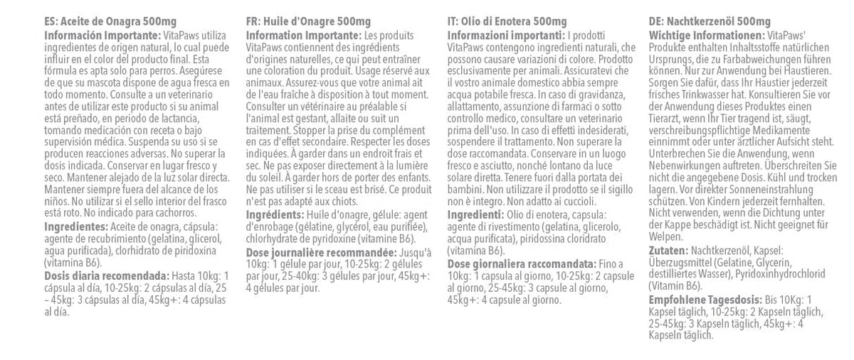 Aceite de Onagra 500mg para Perros - 90 Perlas - VitaPaws