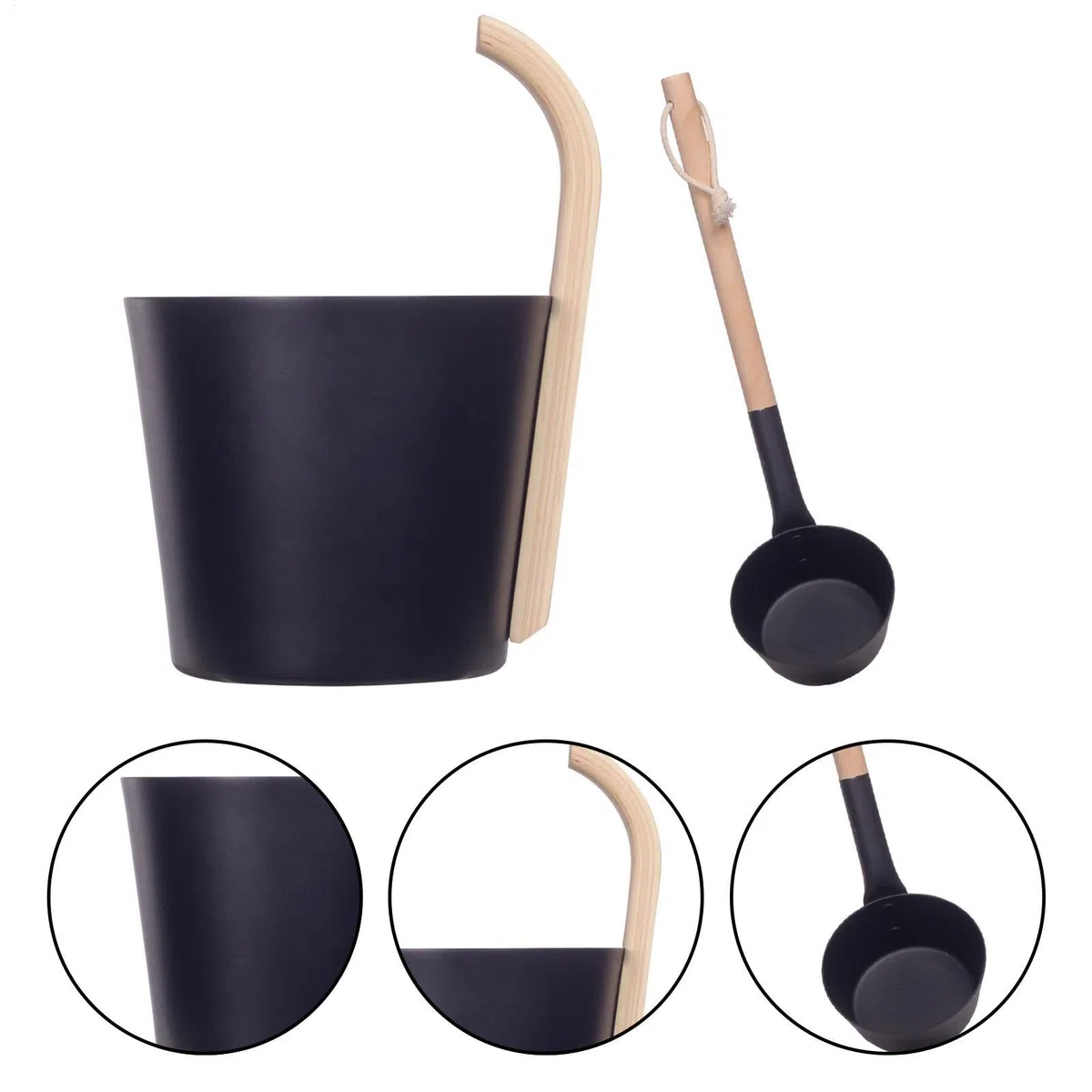 Cubo de sauna de aluminio con cucharón y reloj de - Cubo de sauna de metal - Juego de cubo de infusión 3 piezas. Cubo de sauna - Cubo ligero con mango de bambú - Negro Natural, lujoso cubo de al