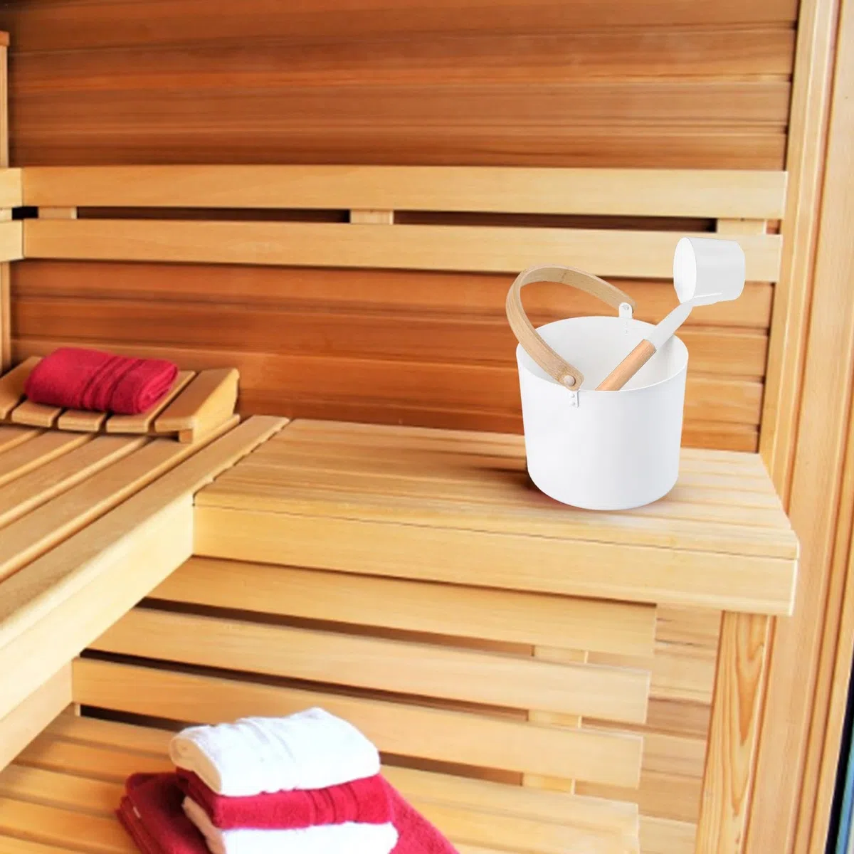 Cubo de sauna finlandés – Cubo de sauna de grado amplio, cucharón a juego y cuchara | Cubo de sauna resistente a la humedad de 7 litros con cuchara larga y cucharón a juego para