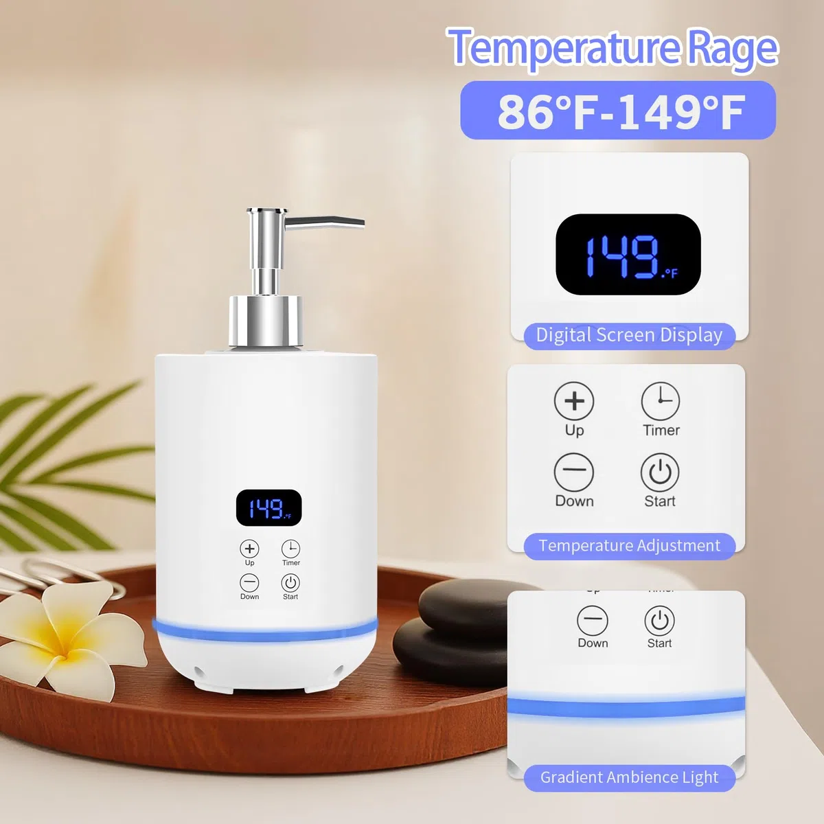 Calentador de aceite para masajes, iklestar calentador digital para botellas de aceite para masajes con luz ambiental, dispensador eléctrico portátil para lociones corporales calientes, blanco
