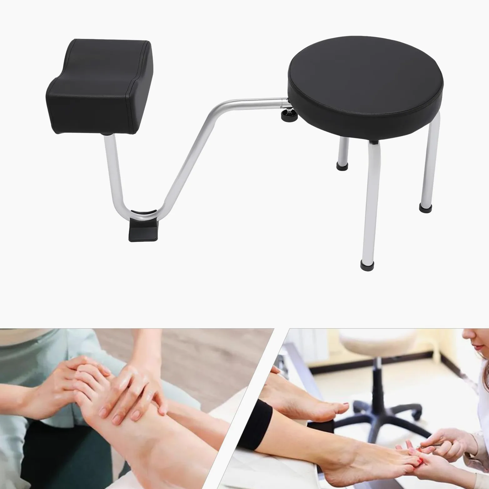 Reposapiés para pedicura, taburete ajustable, con reposapiés y almohadilla de PVC, taburete profesional para el cuidado de los pies para terapeutas y técnicas de uñas en negro