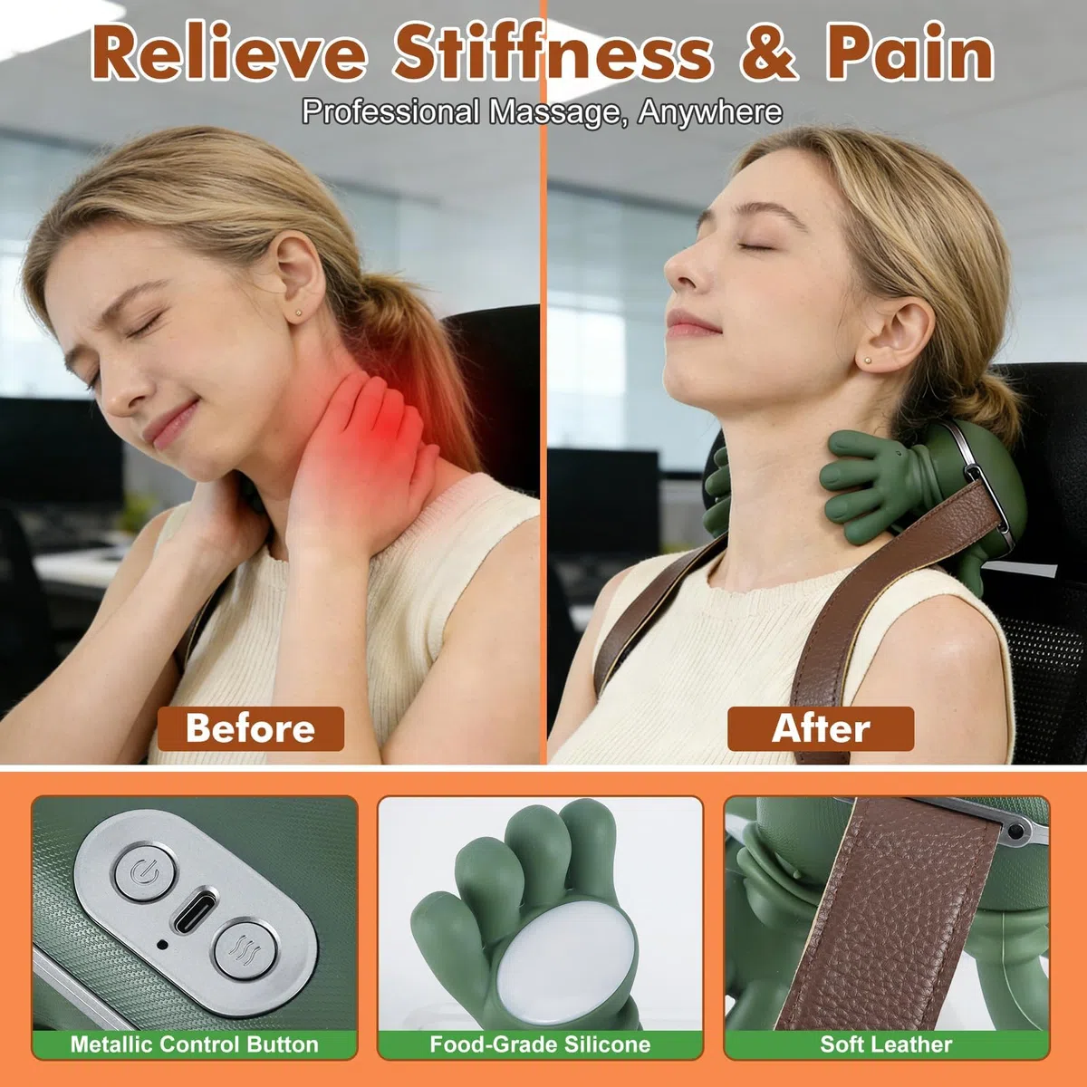 Masajeador Biónico de Cuello y Hombros con Calor y Dedos, Masajeador Portátil Ligero para Cuello y Espalda, Mano de Masaje Vibrante con Correa para Herramientas y Cuerpo