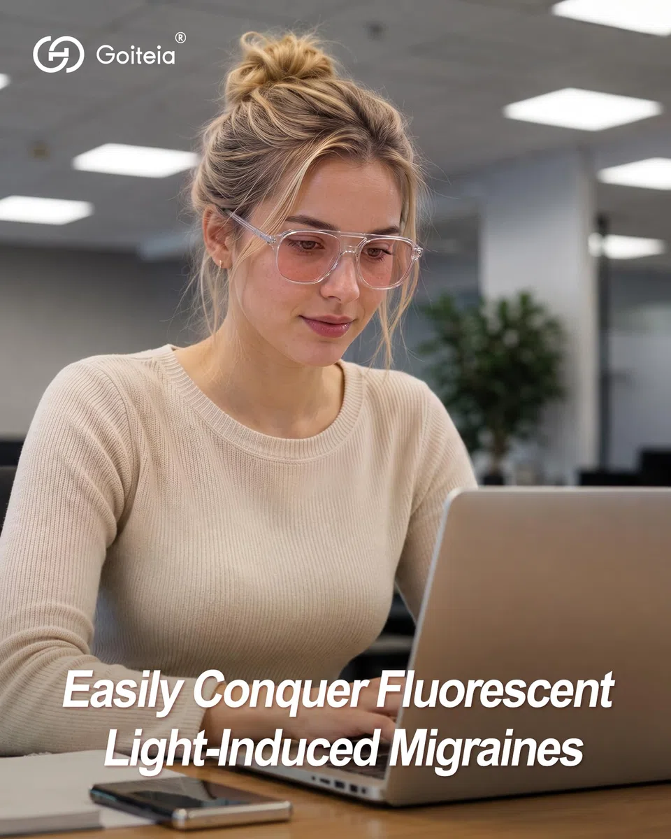Goiteia FL-Rose - Gafas fotocromáticas antimigraña, protección contra la sensibilidad a la luz, deslumbramiento fluorescente y LED, fotofobia, pantalla de computadora,Bisagras de resorte