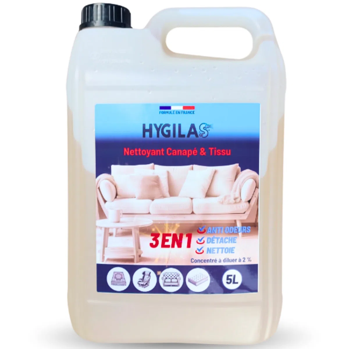 HYGILAS Limpiador Tapicerías Sofá 5L Profesional | Ultra Concentrado (500L) | Elimina Manchas y Olores | Compatible Inyector Extractor, Alfombras y Asientos Coche
