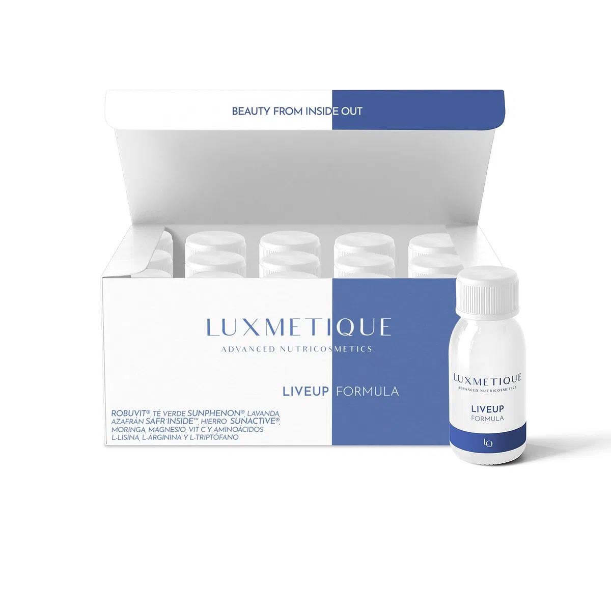 LUXMETIQUE® Liveup Formula - Reduce Estrés y Ansiedad, Mejora el Estado de Ánimo - Con Safr'inside™ (Azafrán), Sunphenon® y Robuvit® - Energía y Rendimiento Físico - 15 Viales Bebibles