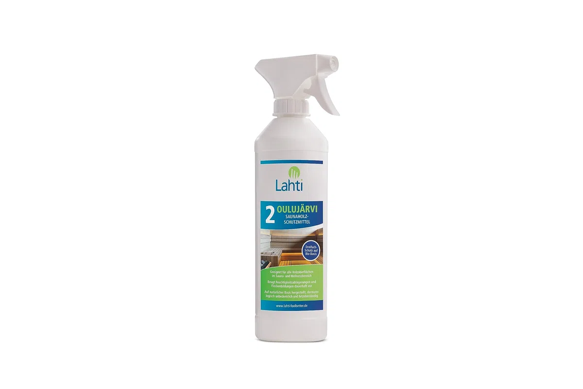 Lahti 2 OULUJÄRVI - Protección única para madera de sauna - Adecuado para todas las maderas - Evita manchas de agua y sudor - Protege contra la suciedad (0,5 litros con cabezal pulverizador)