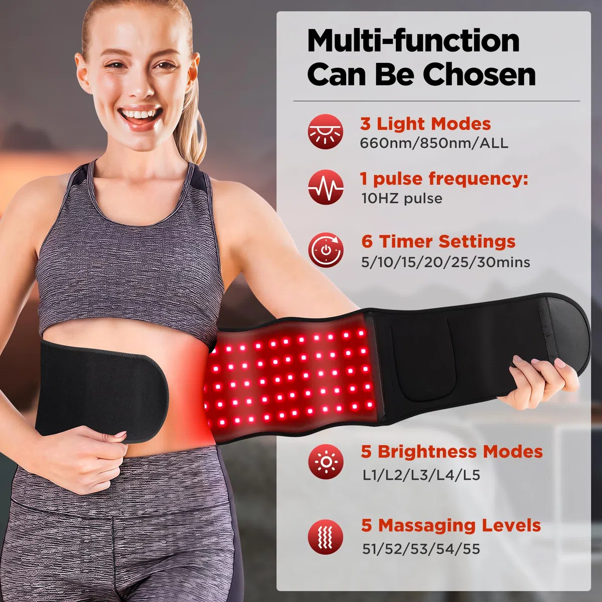 Cinturón De Masaje Con Luz Roja, Luz Roja 660nm & Luz Infrarroja Cercana 850nm, Cinturón Espalda Envolvente Con 6 Ajustes Temporales, 3 Modos De Luz, 5 Niveles De Masaje, 2 Formas De Alimentación