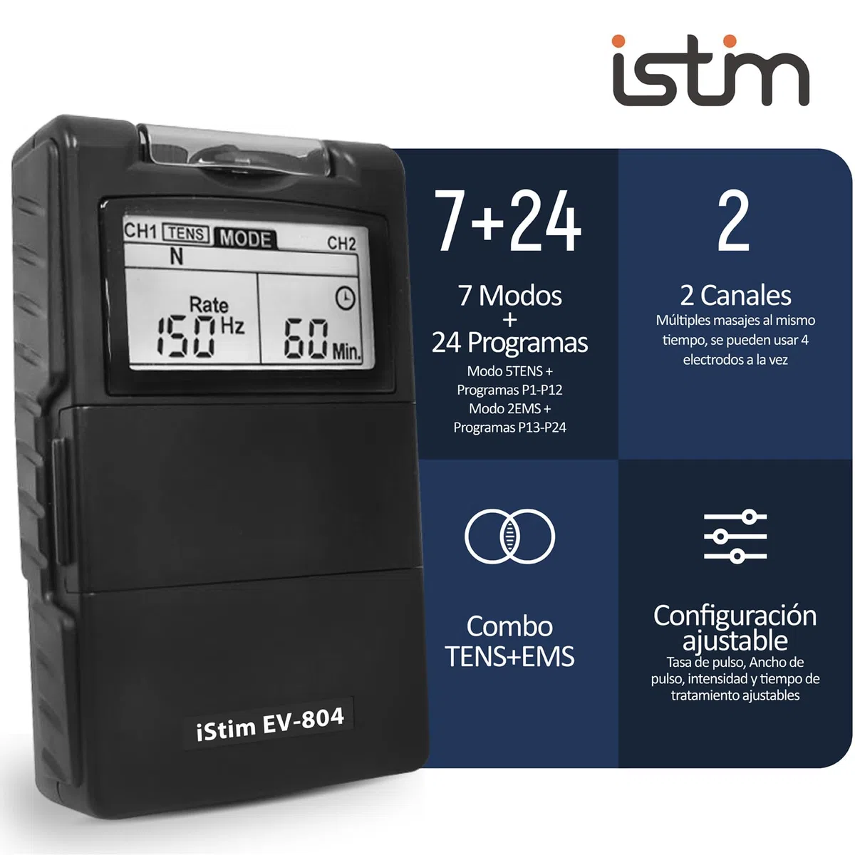 iStim EV-804 TENS/EMS Electroestimulador Muscular– Unidad Digital de 2 Canales con 8 Electrodos Reutilizables, Portátil para Alivio del Dolor, Rehabilitación, Terapia Física y Fortalecimiento Muscular