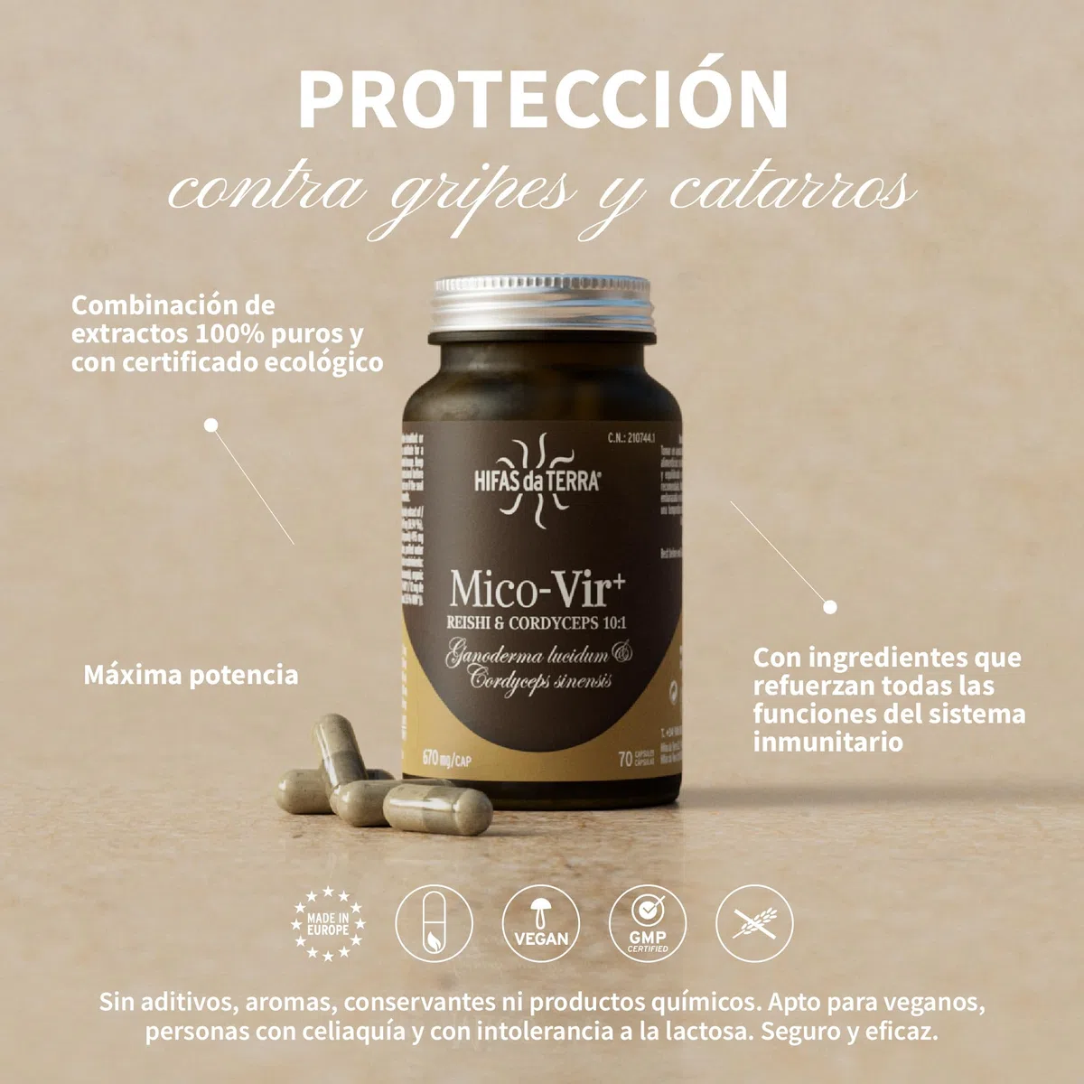 HIFAS DA TERRA - Mico-Vir+ Extractos Puros de Reishi y Cordyceps con Vitamina C - Refuerzo inmunitario natural, energía y recuperación - Extracto de Hongos - Refill 60 Cápsulas