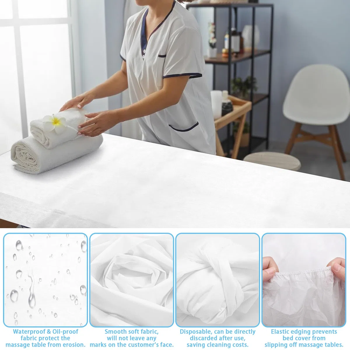 50 sábanas bajeras desechables de 84 x 35 pulgadas para mesa de masaje con elástico, transpirable, desechable, cubierta de mesa de masaje, fundas de cama de spa de tela no tejida, un solo uso para