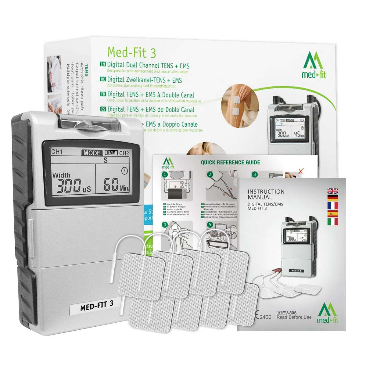 Med-Fit 3 Electroestimulador TENS y EMS - Dispositivo Médico Clase IIa para Dolor de Espalda, Ciática, Artritis, Rodilla, Hombro y Rehabilitación Muscular