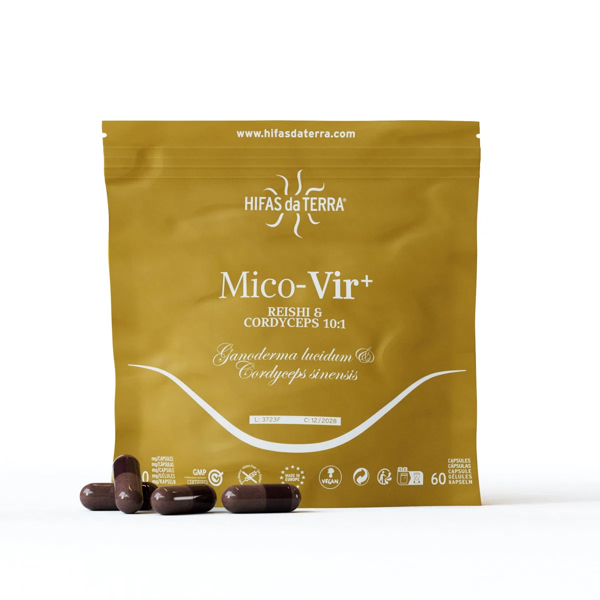 HIFAS DA TERRA - Mico-Vir+ Extractos Puros de Reishi y Cordyceps con Vitamina C - Refuerzo inmunitario natural, energía y recuperación - Extracto de Hongos - Refill 60 Cápsulas