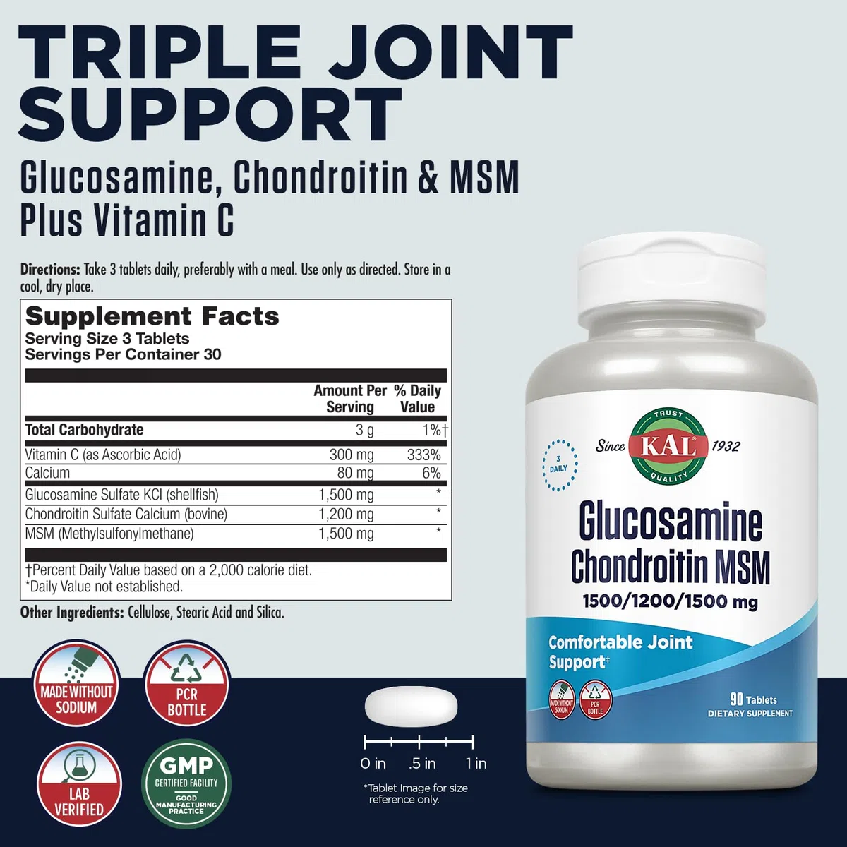 Kal Complemento Alimenticio con Glucosamine Chondroitin MSM - 90 Tabletas